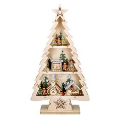 Solight LED drevený vianočný stromek s dekoráciami, 13x LED, prírodné drevo, 53cm, 2x AA