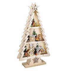 Solight LED drevený vianočný stromek s dekoráciami, 13x LED, prírodné drevo, 53cm, 2x AA