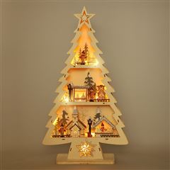 Solight LED drevený vianočný stromek s dekoráciami, 13x LED, prírodné drevo, 53cm, 2x AA