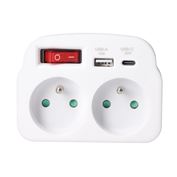 Solight rozbočovač 2 x 16A, USB A+C rychlonabíjačka 20W PD, biely, vypínač