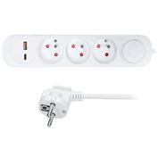 Solight predlžovací prívod 3 zásuvky, USB A+C 20W PD, 3m, 3 x 1mm2, biely, vypínač