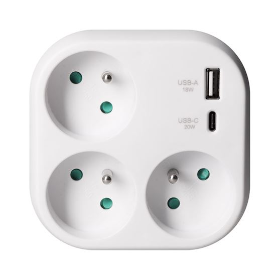 Solight rozbočovač 3x 16A, USB A+C rychlonabíjačka 20W PD, biely