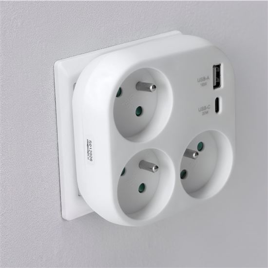 Solight rozbočovač 3x 16A, USB A+C rychlonabíjačka 20W PD, biely
