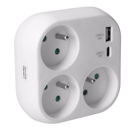 Solight rozbočovač 3x 16A, USB A+C rychlonabíjačka 20W PD, biely