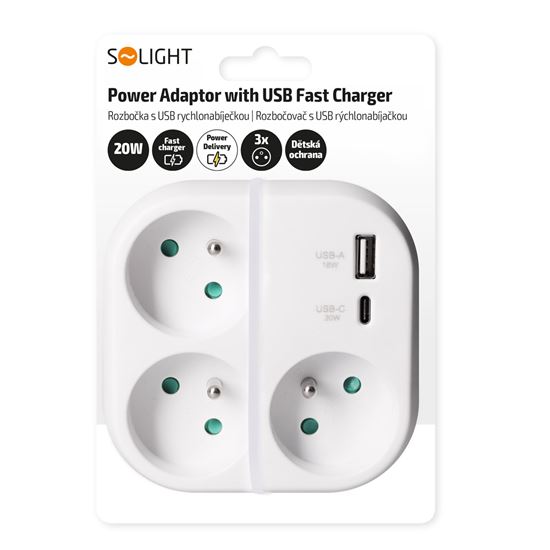 Solight rozbočovač 3x 16A, USB A+C rychlonabíjačka 20W PD, biely
