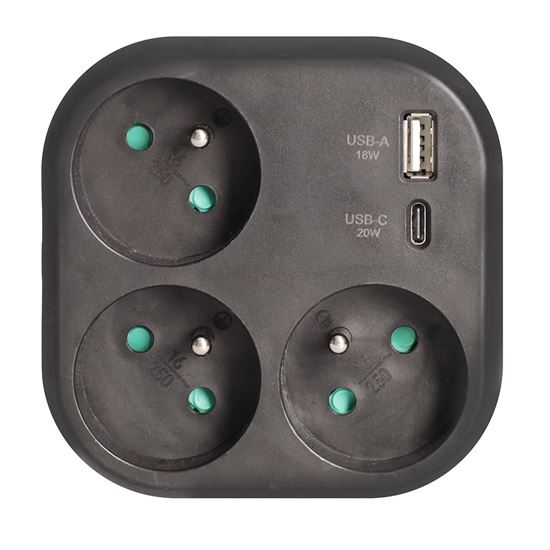 Solight rozbočovač 3x 16A, USB A+C rychlonabíjačka 20W PD, čierny
