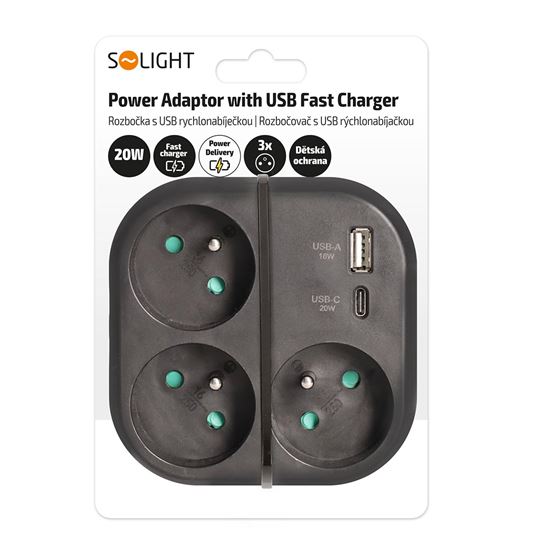 Solight rozbočovač 3x 16A, USB A+C rychlonabíjačka 20W PD, čierny