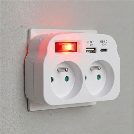 Solight rozbočovač 2 x 16A, USB A+C rychlonabíjačka 20W PD, biely, vypínač
