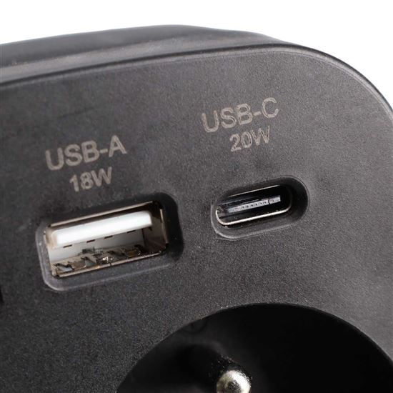 Solight rozbočovač 2 x 16A, USB A+C rychlonabíjačka 20W PD, čierny, vypínač
