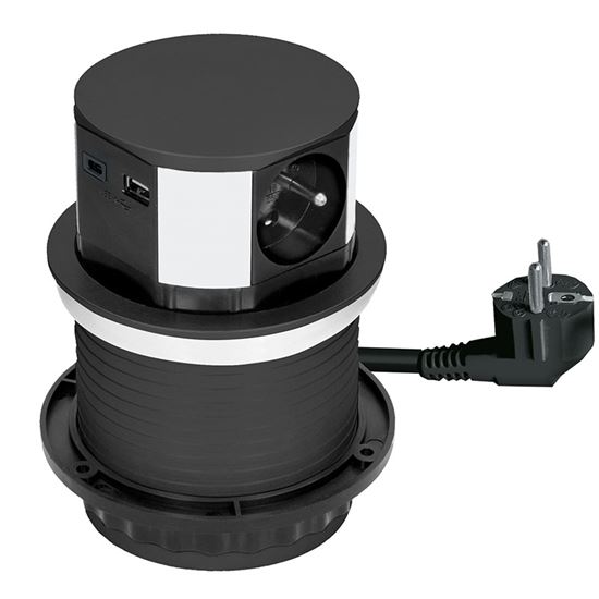 Solight výsuvný blok zásuviek, 3 x 16 A + USB A+C 20W PD, kabel 2m, čierny