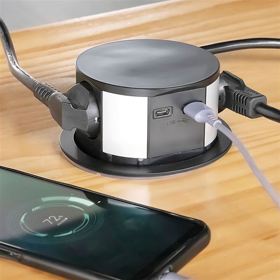 Solight výsuvný blok zásuviek, 3 x 16 A + USB A+C 20W PD, kabel 2m, čierny