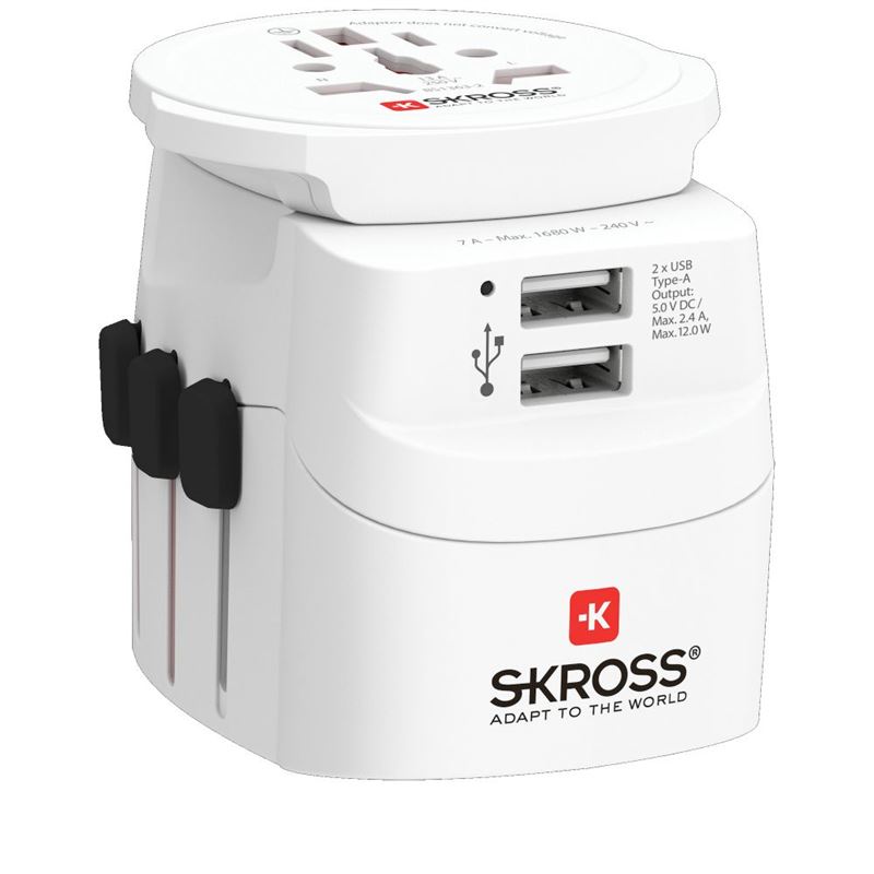 SKROSS cestovný adaptér PRO Light USB 2A - World, UK+USA+AUS/CN, univerzálny, uzemnený, 2x USB-A 12W