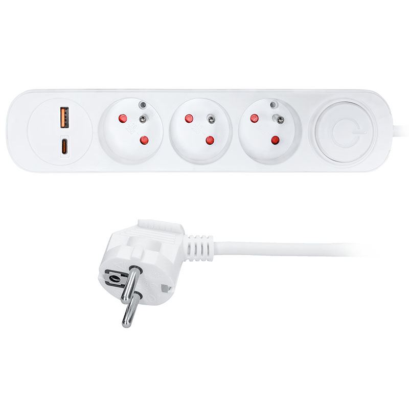 Solight predlžovací prívod 3 zásuvky, USB A+C 20W PD, 3m, 3 x 1mm2, biely, vypínač