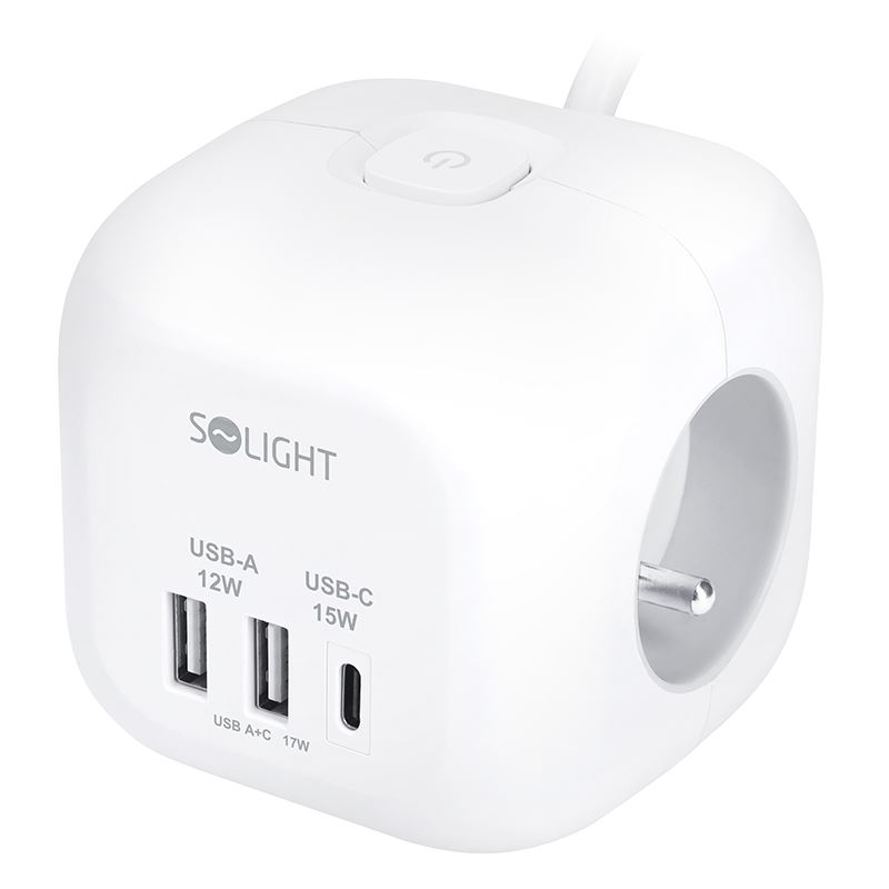 Solight 3z + USB A+C predlžovací prívod - kocka, 2m, 3 x 1mm2, biely, vypínač