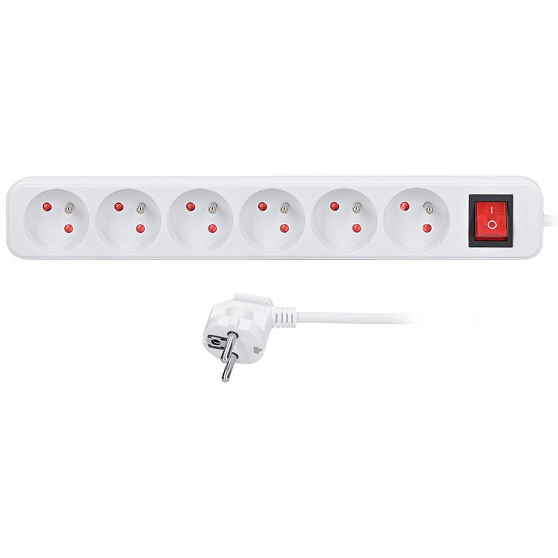 Solight predlžovací prívod 5m, 6 zásuviek, vypínač, 16A/3680W, PVC, biely