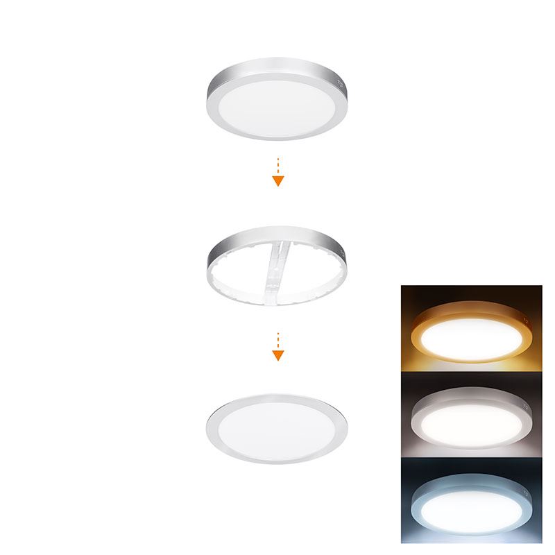 Solight LED mini panel kúpeľňový 2v1, 3CCT, podhľadový / prisadený, 18W, 1530lm, IP54, strieborna, okrúhly