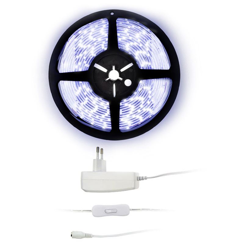 Solight LED svetelný pás s testrom, 5m, sada s 12V adaptérom, 4,8W/m, IP65, studená biela